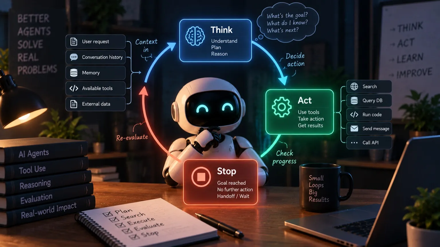 A small robot at a desk inside a glowing loop of Think, Act and Stop panels, with context inputs on one side, tools like search, database and run code on the other, and a notebook checklist reading plan, search, execute, evaluate, stop