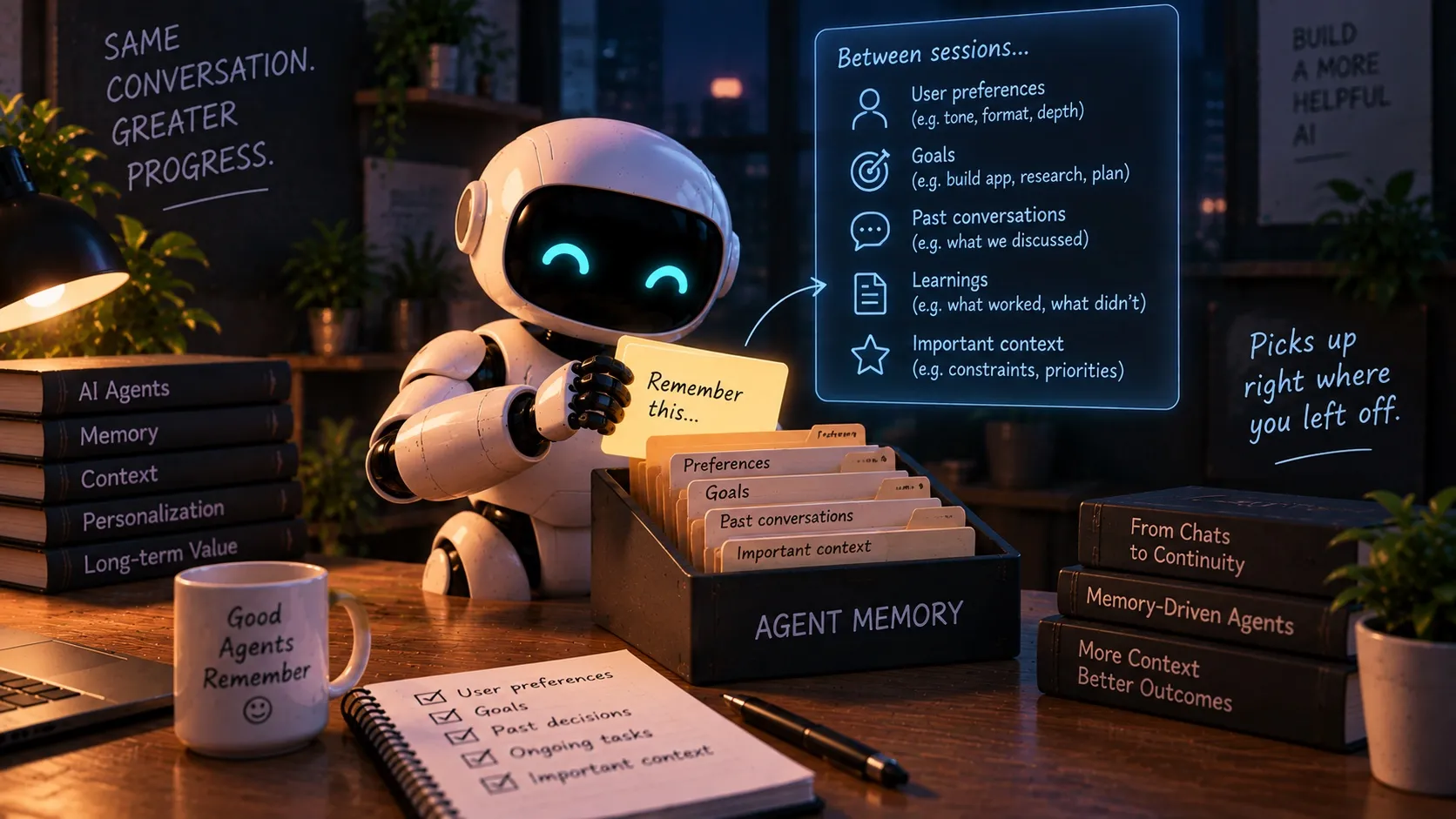 A small robot at a desk filing a card marked Remember this into an index-card box labelled Agent Memory, its cards tabbed preferences, goals, past conversations and important context, beside a glowing panel of what to keep between sessions and a mug reading Good Agents Remember