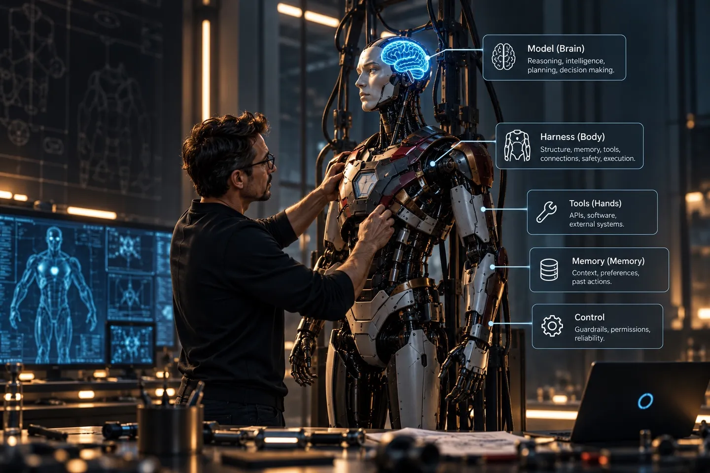 An engineer assembling a humanoid robot — building the AI agent harness (the body) around the model (the brain)