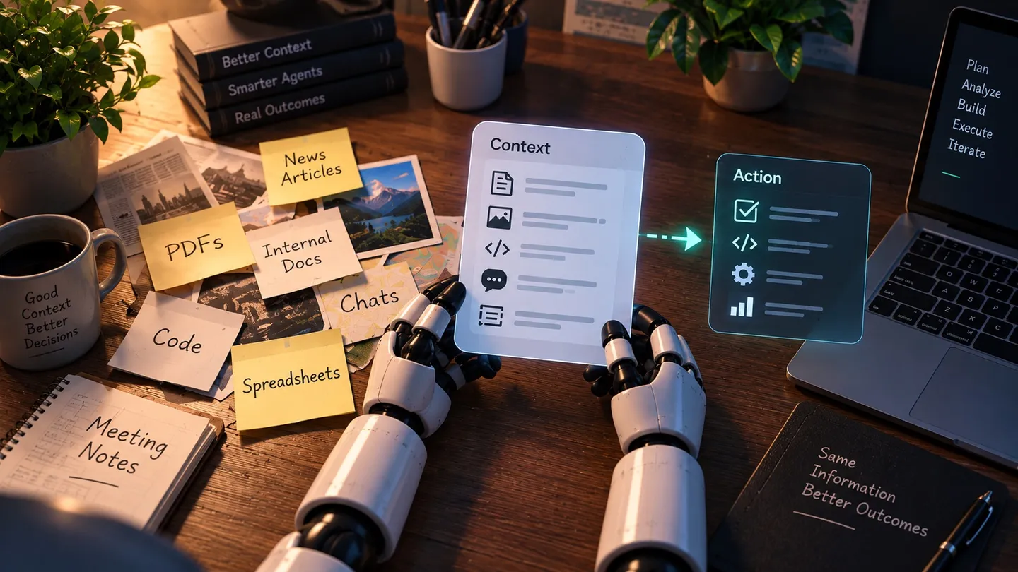 Robot hands on a desk holding a glowing Context card distilled from scattered notes — PDFs, code, chats, spreadsheets, meeting notes — with an arrow to an Action panel beside a laptop