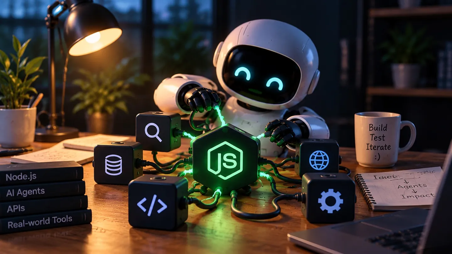 A small robot on a desk plugging modular tool blocks — search, database, code, web, settings — into a glowing Node.js hub, next to books on Node.js and AI agents