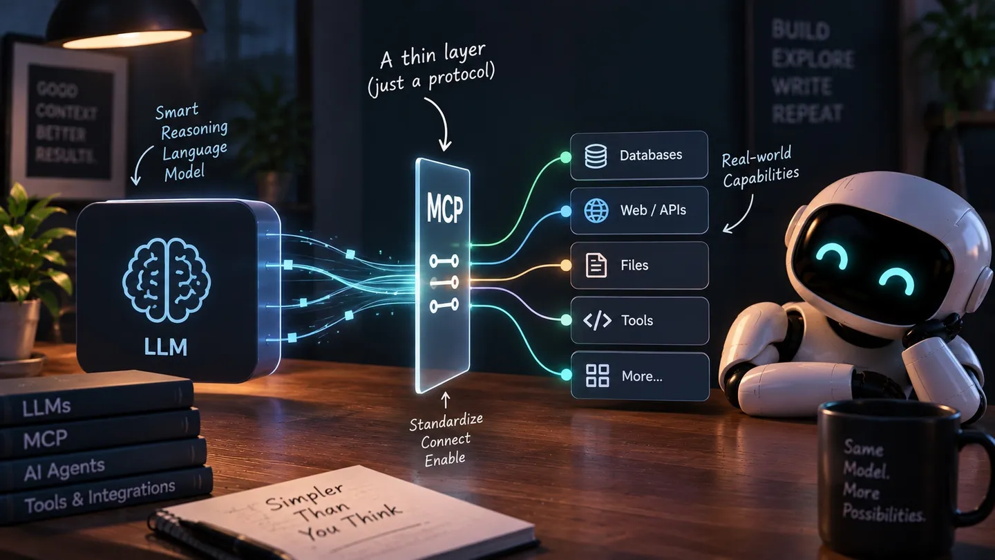 A glowing LLM brain on a desk wired through a thin transparent MCP panel to databases, web APIs, files and tools, with a small robot watching and a notebook reading Simpler Than You Think