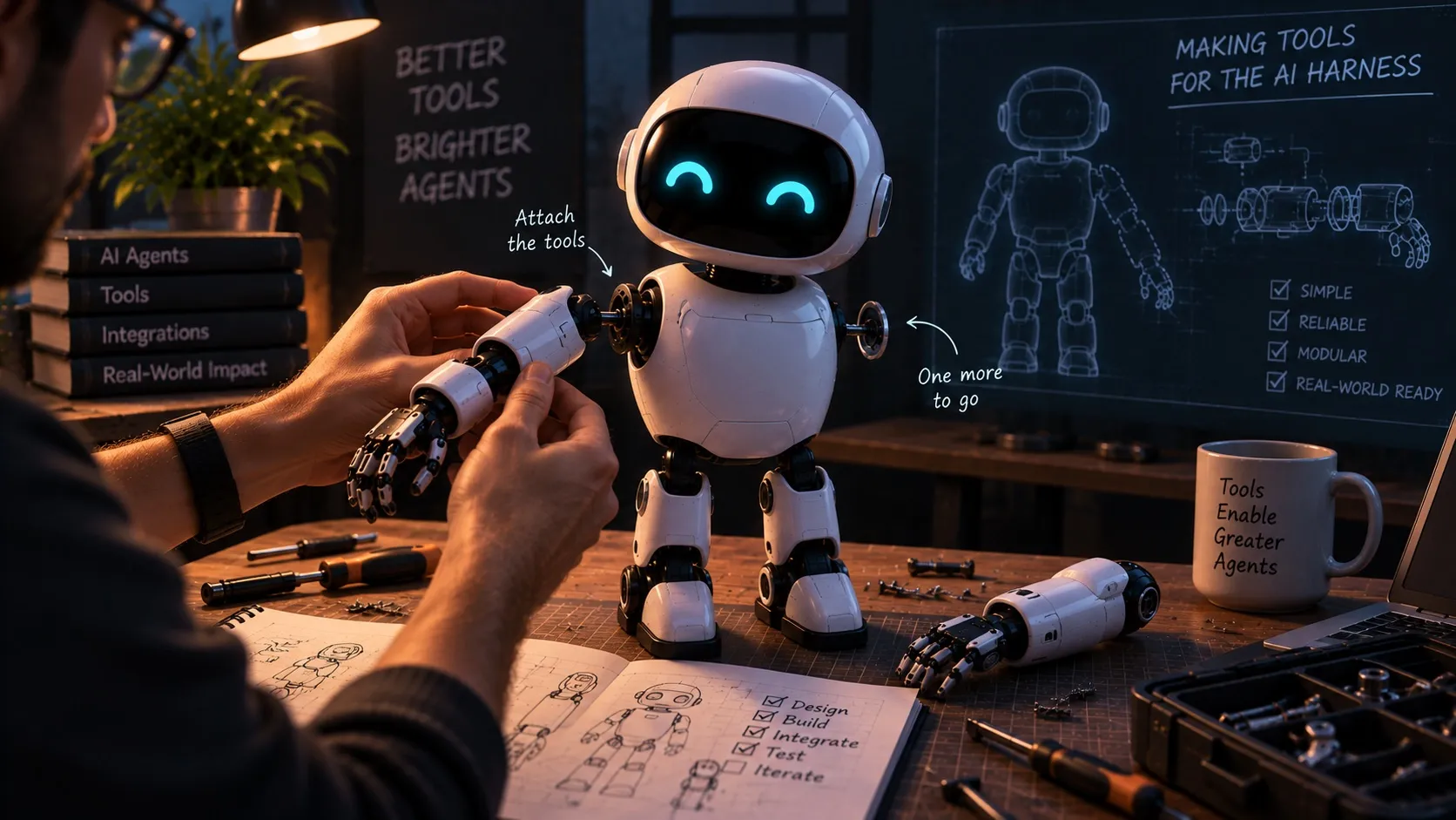 Hands fitting a robotic arm onto a small white robot at a workbench, labelled attach the tools and one more to go, beside a blueprint screen reading Making tools for the AI harness with a checklist of simple, reliable, modular, real-world ready